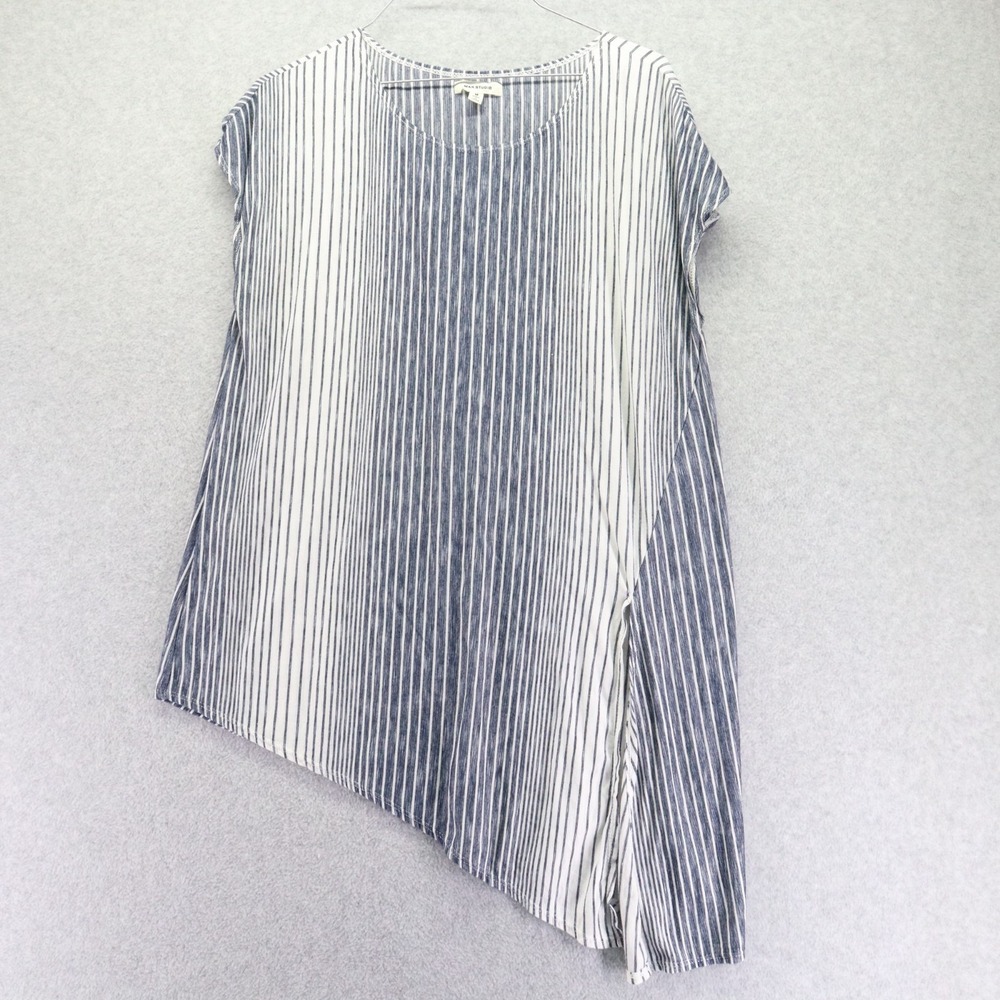 Max Studio Top Womens Medium Hi-Low Split Hem Casual Blue Striped‎ Cap Sleeve